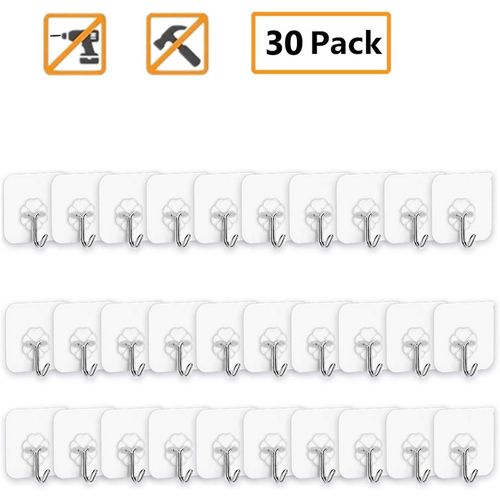 Crochets adh¿¿sifs Crochets muraux de cuisine - 30 paquets de cintres collants robustes de 33 lb (max) sans clous avec crochets en acier inoxydable, serviette utilitaire r¿¿utilisable, crochet de plafond de bain