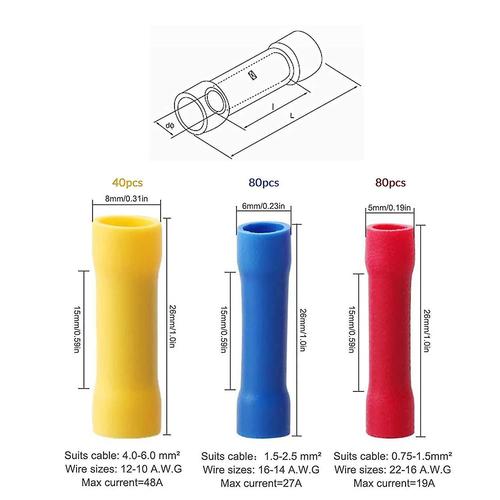 200 Pièces Cosses À Sertir Électriques Automobiles Rondes Connecteurs Bout À Bout Isolés Pour Câble De 0,5 Mm À 6 Mm (Rouge + Bleu + Jaune).