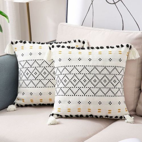 Lot De 2 Housse De Coussin Moderne Boheme Tissée En Coton Taie D'oreiller À Motif Géométrique Décoration Pour Salon Canapé Chambre Maison 45 X 45 Cm, Noir Et Blanc