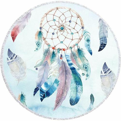 -Serviette Ronde de Plage Microfibre Ethnique Tapisserie Attrape Reve