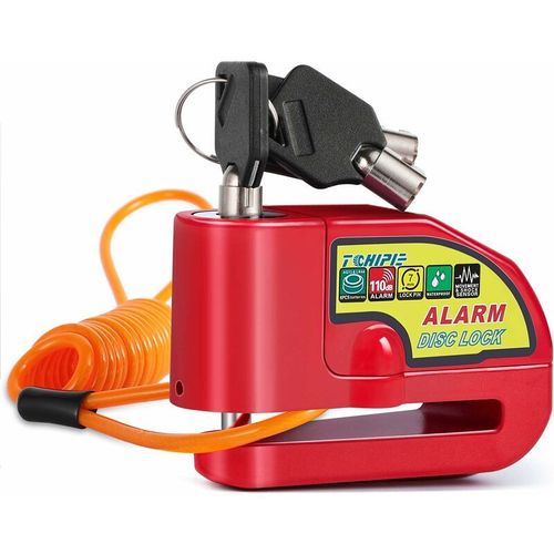 Antivol Moto Bloque Disque Avec Alarme De 110db Antivol Scooter Bloc Disque Moto Alarme Pour Moto/Vélo/Scooter 3 Clés 1,5m Câble De Rappel Piles De Rechange Rouge