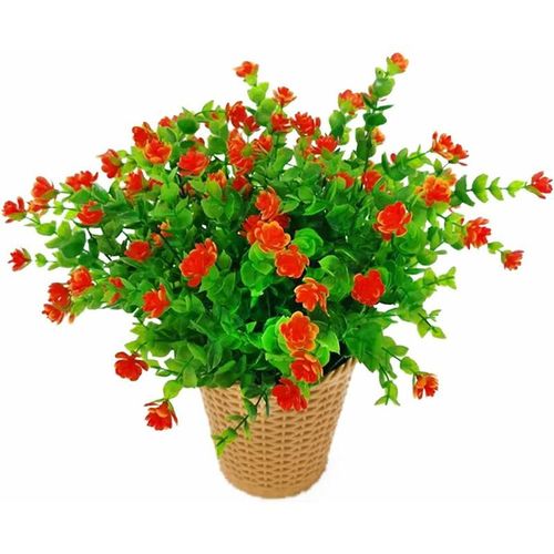 Fleurs d'eucalyptus artificielles vertes Bouquet de plantes artificielles en plastique Fleurs de décoration pour jardin/maison/mariage/fête 4 pièces (rouge coucher de soleil)
