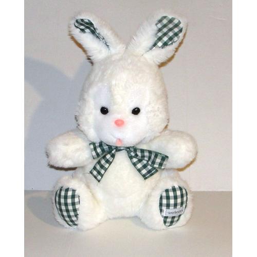 Peluche Lapin Blanc Nounours Noeud A Carreaux Vert Langue Rose Vintage