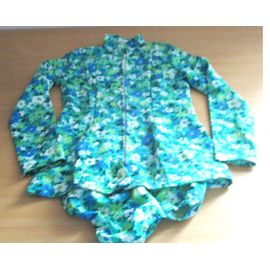 Ancienne Tenue De Majorette Portée Il Y A Une Quarantaine D'année-Tunique Fond Turquoise Avec Fleurs Blanches Et Bleues, Manches Longues, Fermeture Éclair Devant + Bloomer Assorti-Taille 8/10ans