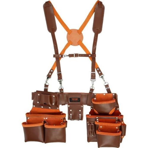 Ceinture Porte Outil - VEVOR - Ceinture à Outils Bretelles Poche Outils Menuisier Réglable Cuir Véritable