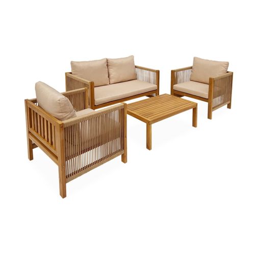 Salon De Jardin Alcira 4 Places En Bois D'acacia Et Cordes Beiges Et Coussins Beiges. 1 Canapé 2 Pl 2 Fauteuils 1 Table Basse