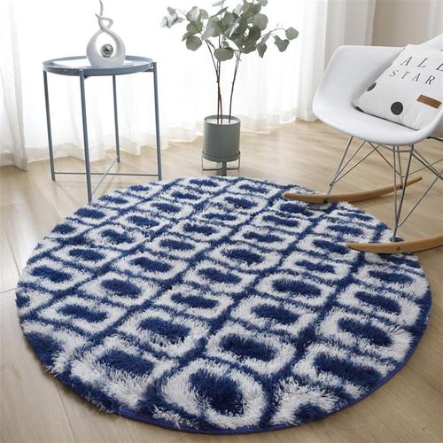 Tapis Shaggy Antid¿¿rapant Moelleux Motifs G¿¿om¿¿triques Rond Chambre Tapis de D¿¿coration pour Salon Canap¿¿ Tapis de Plancher Couloir, Losange Bleu, 140cm