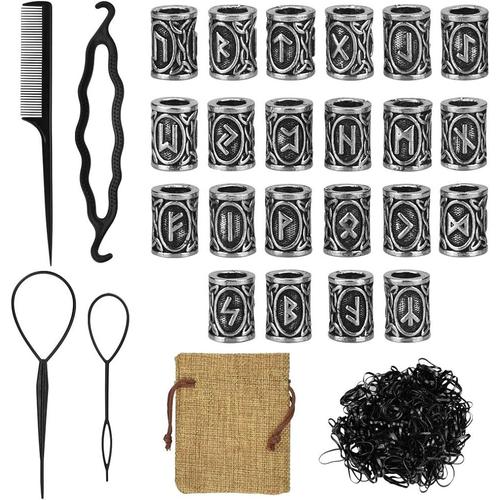 24 Pcs Perles De Barbe Cheveux Viking Avec Elastiques Noirs Et Outils Pour Cheveux Rune Viking Barbe Bijou En Alliage Perles De Rune Viking Pour Coiffure Tresse Bracelet