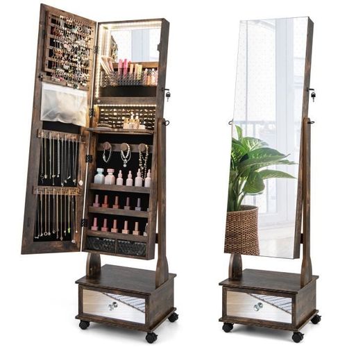 COSTWAY Armoire à Bijoux sur Pied - 4 Roues Verrouillables, Miroir Pleine Longueur, Lumières LED, Tiroir, Serrure et Clé - Café