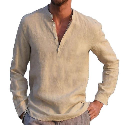T-Shirt Sans Col ¿¿ Manches Longues Pour Hommes, Chemise Grand-P¿¿Re, Pull ¿¿ Boutons, Hauts M Kaki