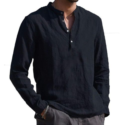 T-Shirt Sans Col ¿¿ Manches Longues Pour Hommes, Chemise Grand-P¿¿Re, Pull ¿¿ Boutons, Hauts 2xl, Noir