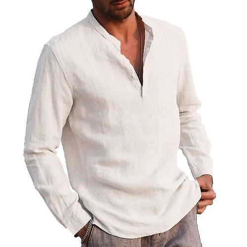 T-Shirt Sans Col ¿¿ Manches Longues Pour Hommes, Chemise Grand-P¿¿Re, Pull ¿¿ Boutons, Hauts S Blanc