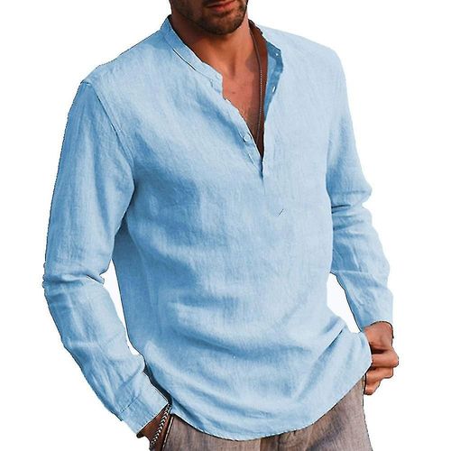 T-Shirt Sans Col ¿¿ Manches Longues Pour Hommes, Chemise Grand-P¿¿Re, Pull ¿¿ Boutons, Hauts 2xl, Bleu Clair