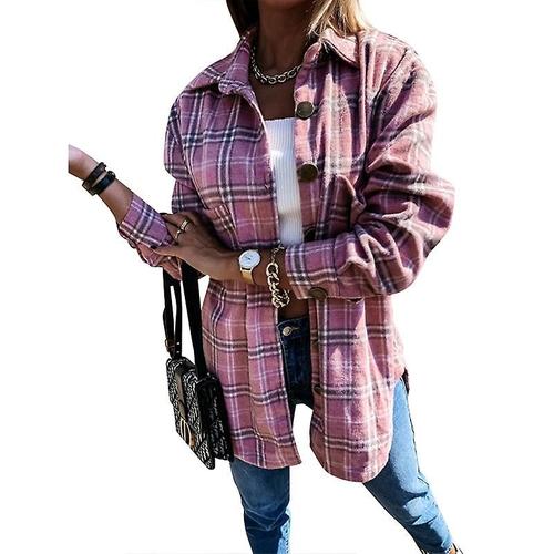 Femmes Shacket Trench Coats Avec Poches Bouton Plaid Chemise Longue Veste R¿¿Tro D¿¿Contract¿¿ Coupe Ample Trench Manteaux Automne 2023 S Rose