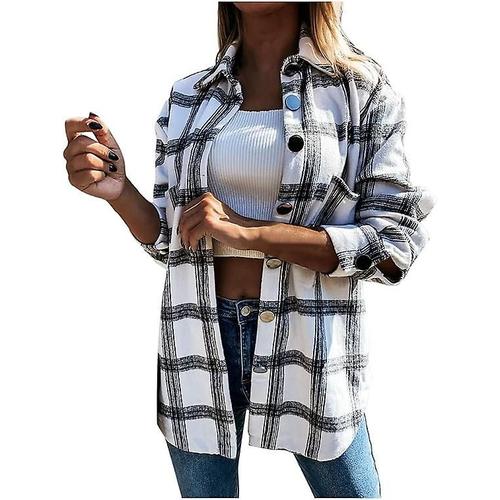 Femmes Shacket Trench Manteaux Avec Poches Bouton Plaid Chemise Longue Veste R¿¿Tro D¿¿Contract¿¿ Coupe Ample Trench Manteaux Automne 2023 M Blanc