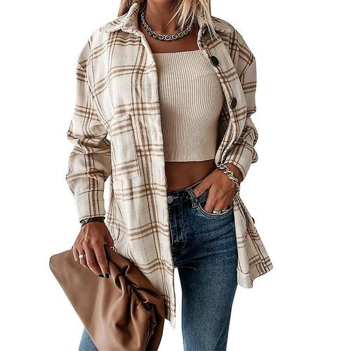 Femmes Shacket Trench Coats Avec Poches Bouton Plaid Chemise Longue Veste R¿¿Tro D¿¿Contract¿¿ Coupe Ample Trench Manteaux Automne 2023 M Abricot