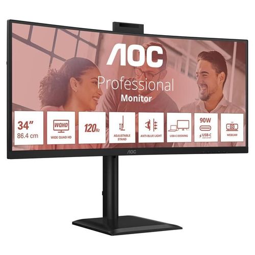 AOC CU34E4CW - Écran LED - incurvé - USB - 34" - 3440 x 1440 UWQHD - VA - 350 cd/m² - 3500:1 - HDR10 - 4 ms - 2xHDMI, DisplayPort - haut-parleurs - noir