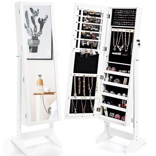 COSTWAY Armoire à Bijoux sur Pied avec Miroir Psyché Inclinable à 4 Angles, Rangement et Présentoir pour Bijoux Blanc