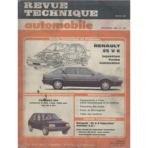 Revue Technique Automobile (R.T.A.) -  N° 498 : Renault 25 V 6 (Injection, Turbo Et Limousine) Et 205 Essence De 85 À 87