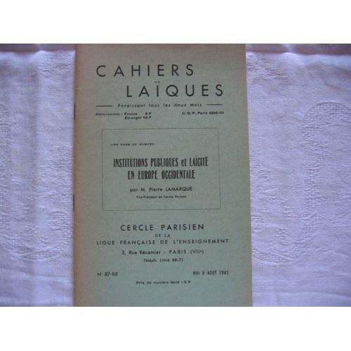 Cahiers Laïques  N° 87 : Institutions Publiques Et Laïcité En Europe Occidentale