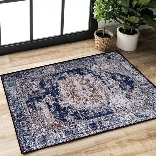 Calorie Tapis Chambre Vintage, Tapis Salon Modernes Doux ¿¿ Poils Courts pour Chambre ¿¿ Coucher, Salon, Salle ¿¿ Manger, Antid¿¿rapant Tapis Traditionnels (R¿¿tro-Bleu Marine, 80 * 120)