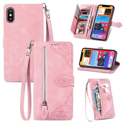 Saturcase Coque Pour Apple Iphone Xs Max, Fleur Gaufrage Pu Cuir Magnétique Flip Portefeuille Poche Fermeture Éclair Support Porte-Carte Cordon Protecteur Housse Étui Pour Apple Iphone Xs Max (Rose)