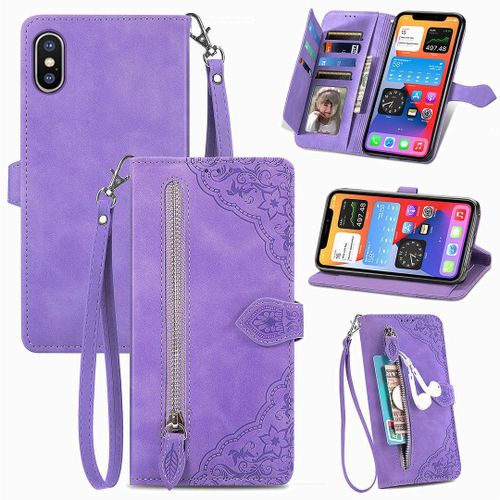 Saturcase Coque Pour Apple Iphone Xs Max, Fleur Gaufrage Pu Cuir Magnétique Flip Portefeuille Poche Fermeture Éclair Support Porte-Carte Cordon Protecteur Housse Étui Pour Apple Iphone Xs Max (Violet)