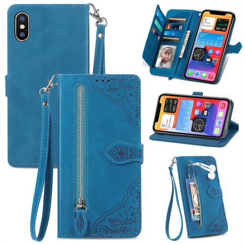Saturcase Coque Pour Apple Iphone Xs Max, Fleur Gaufrage Pu Cuir Magnétique Flip Portefeuille Poche Fermeture Éclair Support Porte-Carte Cordon Protecteur Housse Étui Pour Apple Iphone Xs Max (Bleu)