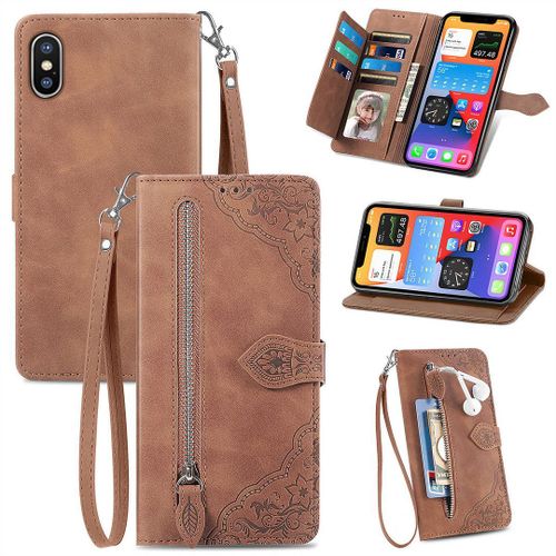 Saturcase Coque Pour Apple Iphone Xs Max, Fleur Gaufrage Pu Cuir Magnétique Flip Portefeuille Poche Fermeture Éclair Support Porte-Carte Cordon Protecteur Housse Étui Pour Apple Iphone Xs Max (Marron)