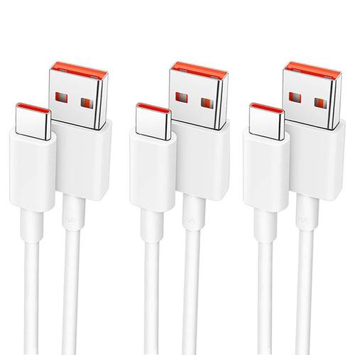 3 Câble USB-C Charge Rapide 6A pour Xiaomi Redmi 13C, Redmi 12, Redmi 9, 9A, 9C, 10A, 9T, 10C - 1 Mètre - BOOLING