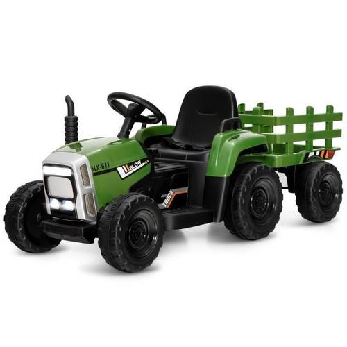 Costway 12 V Tracteur Electrique Enfants Avec Remorque, Télécommande 2,4g, 3 Vitesses, Led, Musique, Usb Et Bluetooth, Vert Foncé