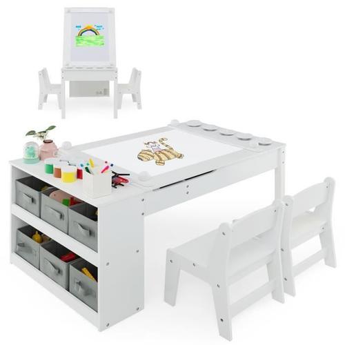 Costway Ensemble Table 2 En 1 Et Chaises Enfant-Plateau Relevable, Rouleau De Papier&gobelets À Peinture, 6 Bacs De Rangement, Blanc