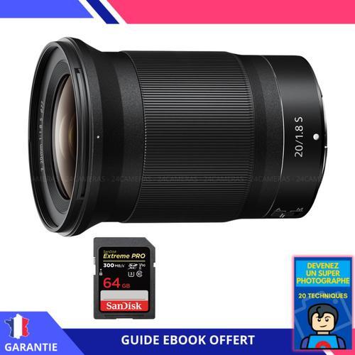 Nikon Z 20mm f/1.8 S + 1 SanDisk 64GB UHS-II 300 MB/s + Ebook 'Devenez Un Super Photographe' - Objectif Nikon Z pour Nikon Hybride