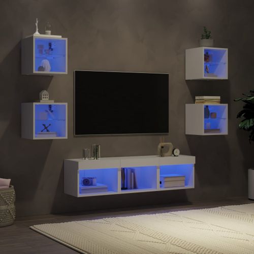 Vidaxl Unités Murales Tv Avec Led 7 Pcs Blanc Bois D'ingénierie