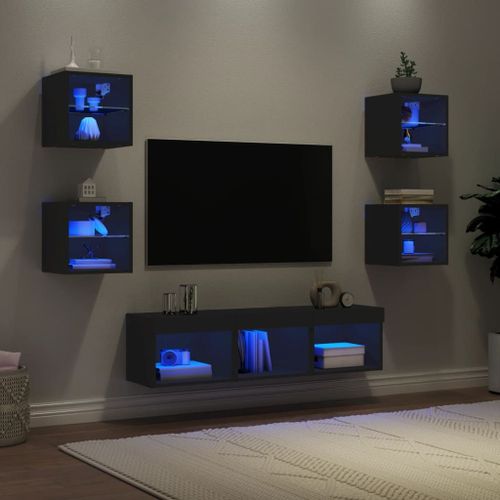 Vidaxl Unités Murales Tv Avec Led 7 Pcs Noir Bois D'ingénierie