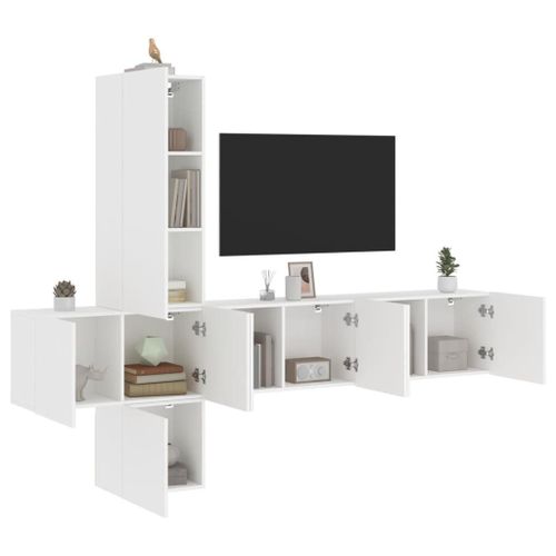 Vidaxl Unités Murales Tv 5 Pcs Blanc Bois D'ingénierie