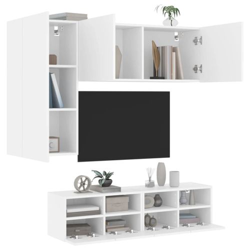 Vidaxl Unités Murales Tv 4 Pcs Blanc Bois D'ingénierie
