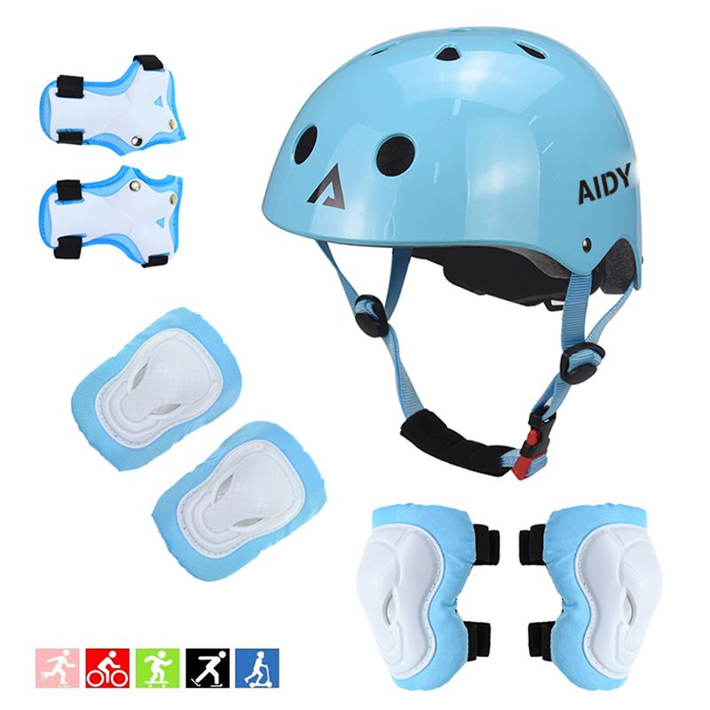 Casque Vélo Enfant Sets De Protection 3-8 Ans Enfant Casque Ajustable Coudières Genouillère Protège-Poignets Protections Sports(Bleu)