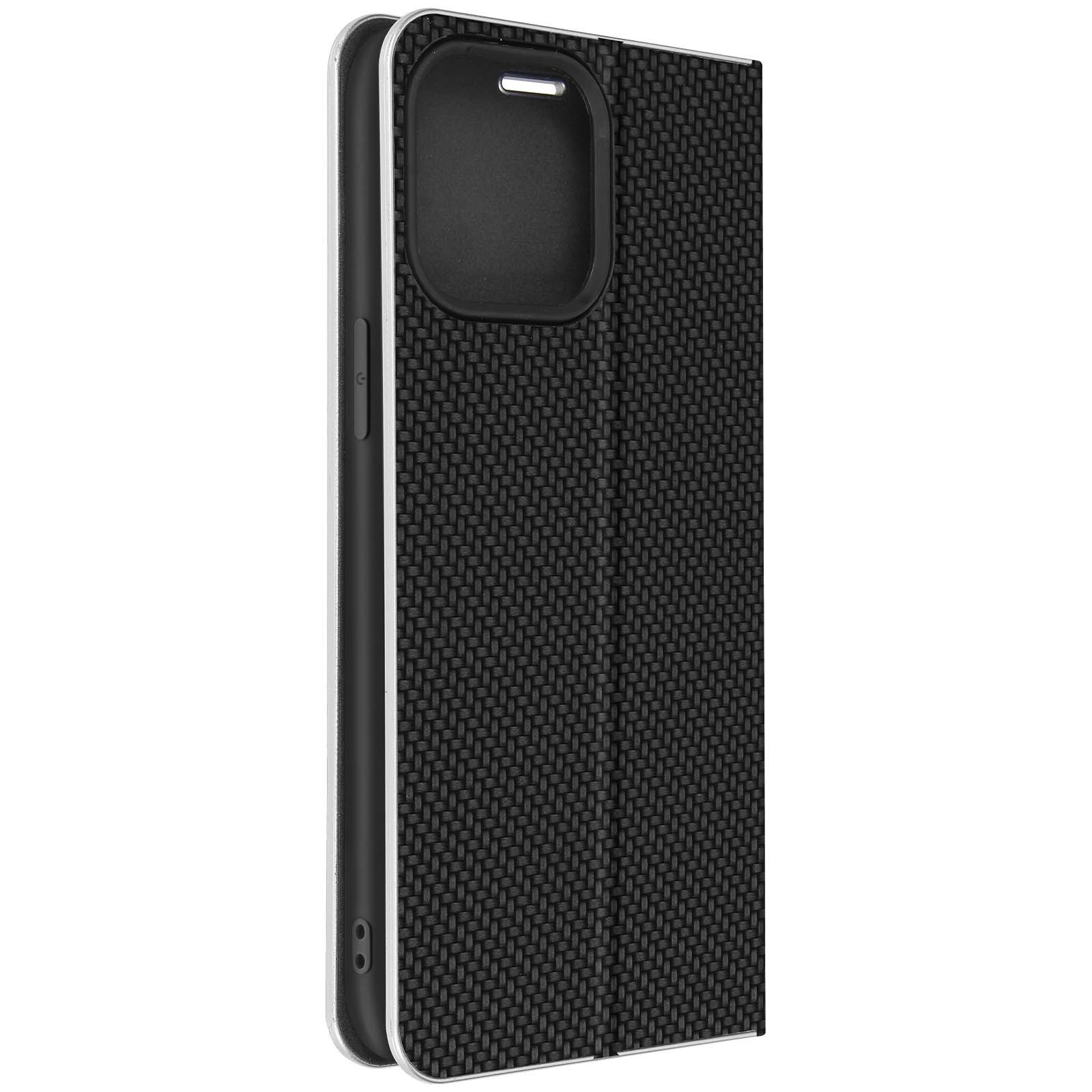 Étui Pour Iphone 14 Pro Max Clapet Porte-Carte Support Vidéo Design Carbone Noir