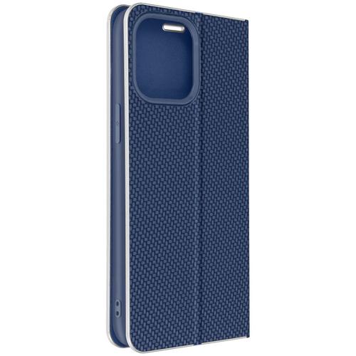 Étui Pour Iphone 14 Pro Max Clapet Porte-Carte Support Vidéo Design Carbone Bleu