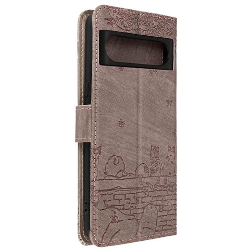 Etui Chat Pour Google Pixel 8 Pro Portefeuille Série Kawaii Cat Cover Gris Rose