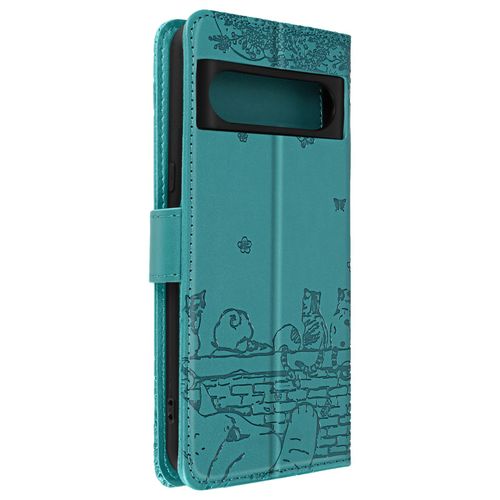 Etui Chat Pour Google Pixel 8 Pro Portefeuille Série Kawaii Cat Cover Turquoise