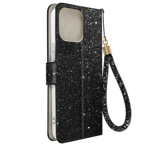 Étui Pour Iphone 15 Pro Max Pailleté Disco Portefeuille Support Vidéo Noir