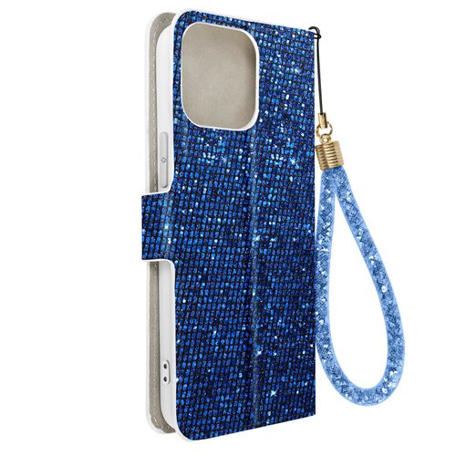 Étui Pour Iphone 14 Pro Pailleté Disco Portefeuille Support Vidéo Bleu