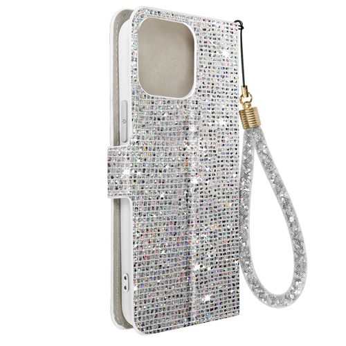 Étui Pour Iphone 14 Pro Max Pailleté Disco Portefeuille Support Vidéo Argent