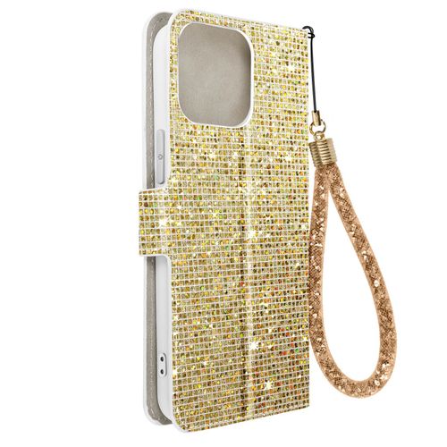 Étui Pour Iphone 14 Pro Max Pailleté Disco Portefeuille Support Vidéo Or