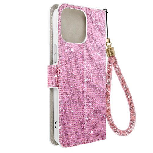 Étui Pour Iphone 14 Pro Max Pailleté Disco Portefeuille Support Vidéo Rose