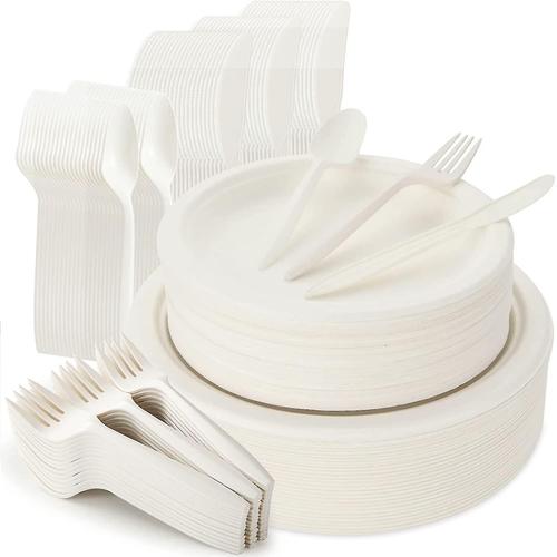 Ensemble D'assiettes Et De Couverts Jetables De 250 Pi¿¿Ces, Le Kit De Vaisselle En Bagasse Compostable Comprend Des Assiettes En Papier De 7 Pouces Et 9 Pouces, Des Fourchettes, Des Couteaux Et Des Cuill¿¿Res Pour Barbecue