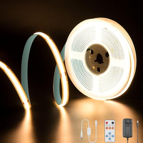 Bande Led Cob Blanc Chaud 2700k, 5m 2400leds 24v Cri90 Kit Ruban Lumineuse Cob Lumineux Dimmable Avec T¿¿L¿¿Commande Rf Et Alimentation Cob Led Pour Miroir,Plafond,Cuisine,Armoire,Placard