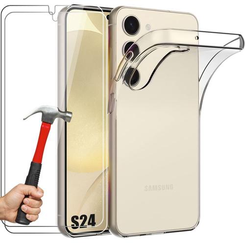 Coque Pour Samsung Galaxy S24 Avec 2 Verres Trempés - Coque Silicone Antichoc Souple Transparent - E.F.Connection